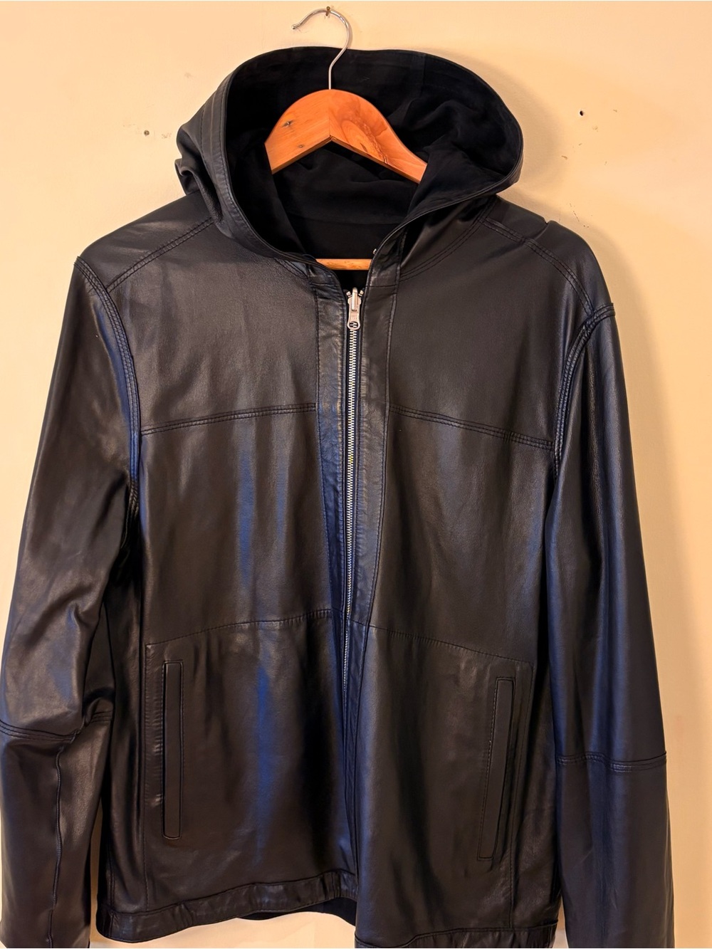 Reversible Hooded Navy Suede/Leather Zip Bomber Jacket Sz L